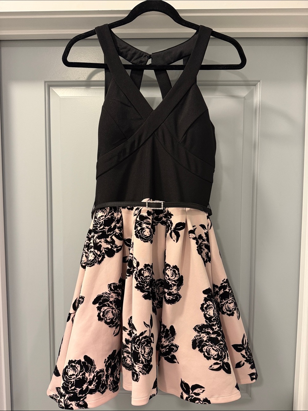 Crystal Doll Black & Blush Rose Print Fit and Flare Dress